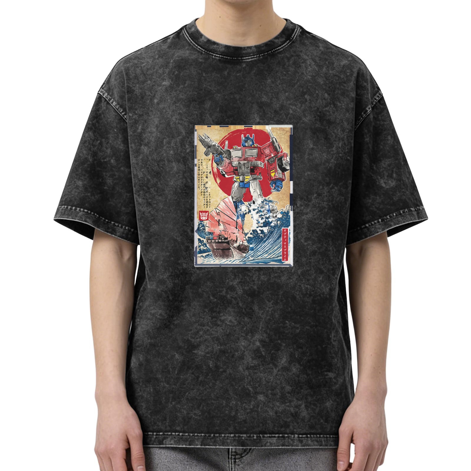 Washed Black T-Shirt with Transformers Ukiyo-e Style Graphic