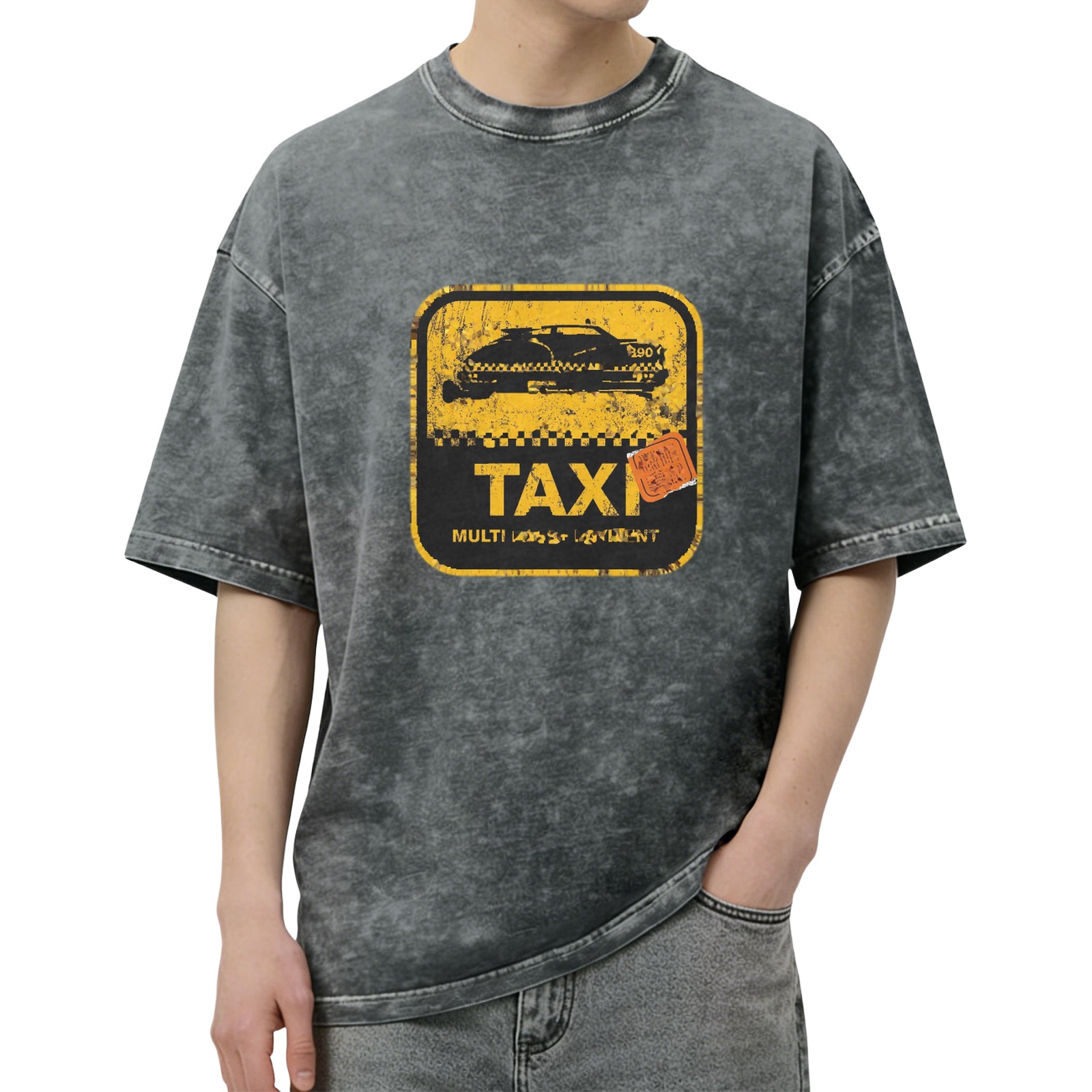 Distressed washed black Taxi theme printed short-sleeved T-shirt loose style