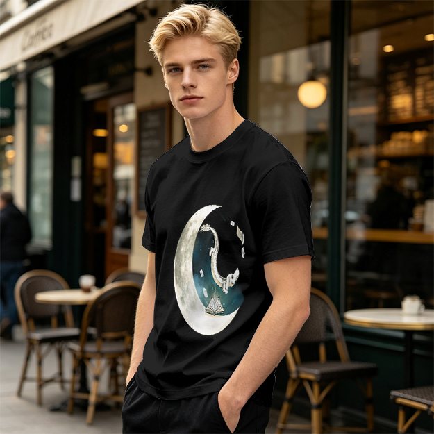 Olive T-shirt with Crescent Moon Galaxy Astronaut Graphic