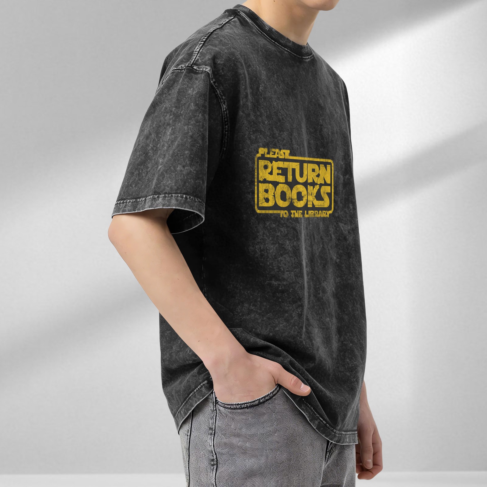 Washed Black T-Shirt With Star Wars Style Return Books Library Text