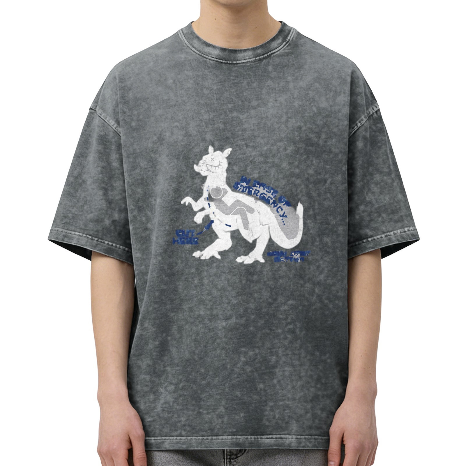 Oversized Acid Wash Graphic T-Shirt with Dinosaur Print