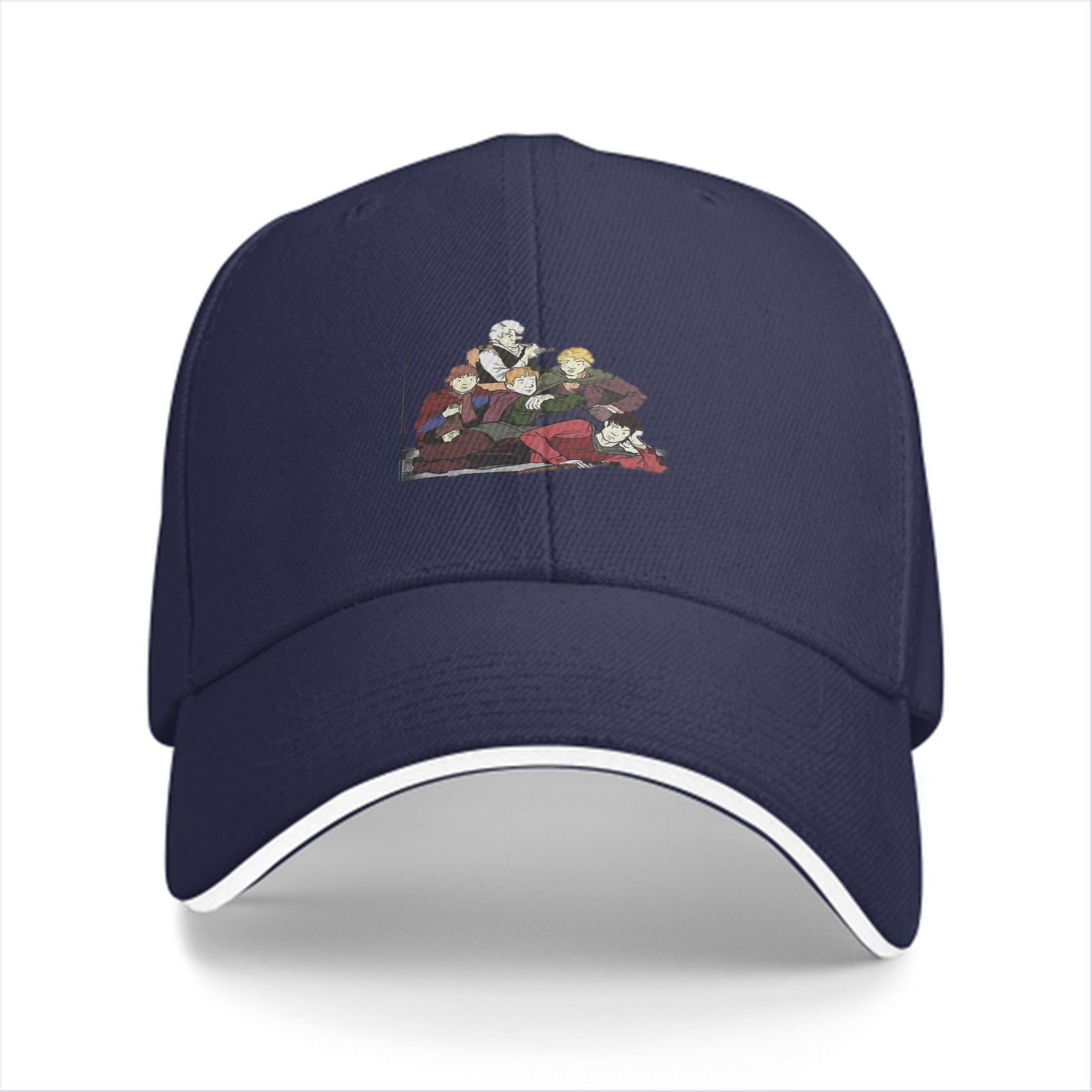 Black baseball cap with anime group character print