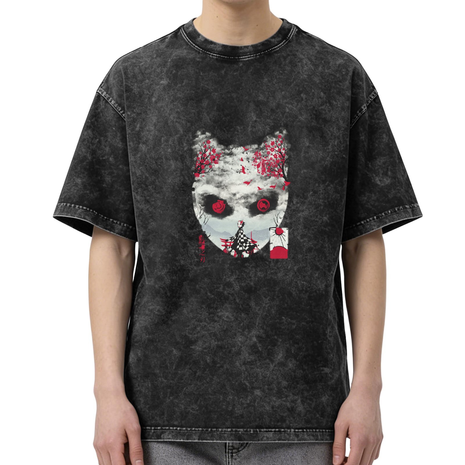 Oversized Vintage Wash Anime Graphic T-Shirt - Japanese Demon Mask & Cherry Blossom Design