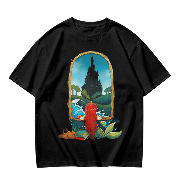 Olive T-Shirt With Mermaid Looking At Castle Art Print