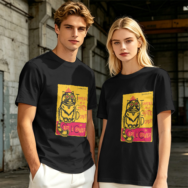 Olive T-shirt with a whimsical cat graphic print