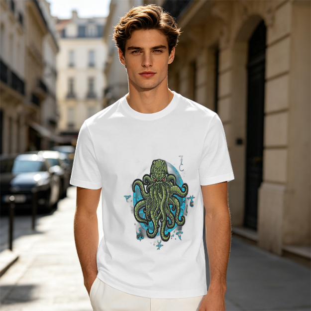 Olive Green T-Shirt With Cthulhu Octopus Monster Graphic