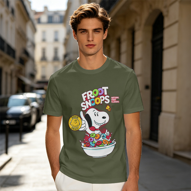 Olive T-Shirt with Snoopy Froot Snoops Cereal Bowl Graphic