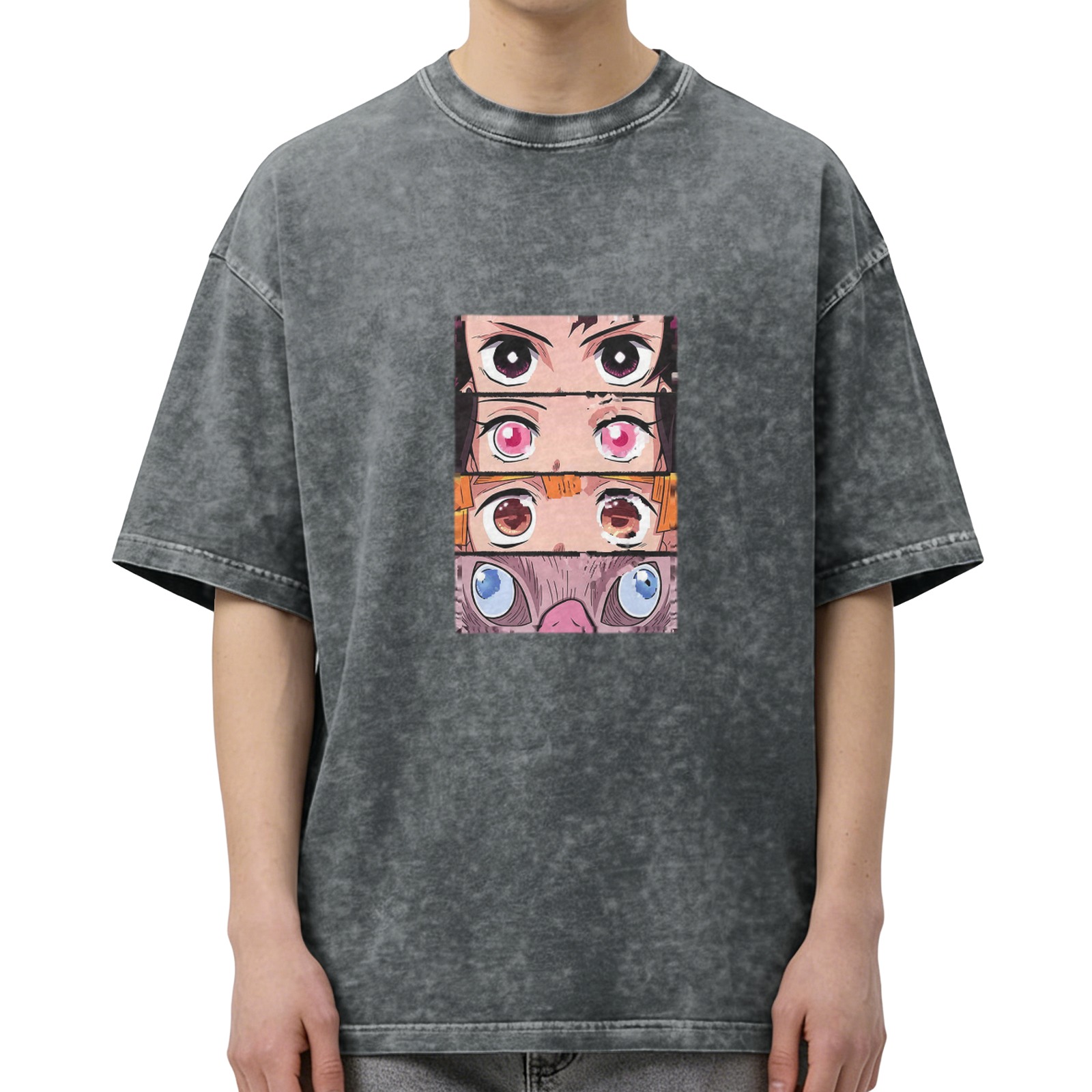Demon Slayer themed washed distressed short-sleeved T-shirt
