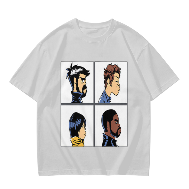 Olive T-Shirt With Four Cartoon Character Profile Portraits