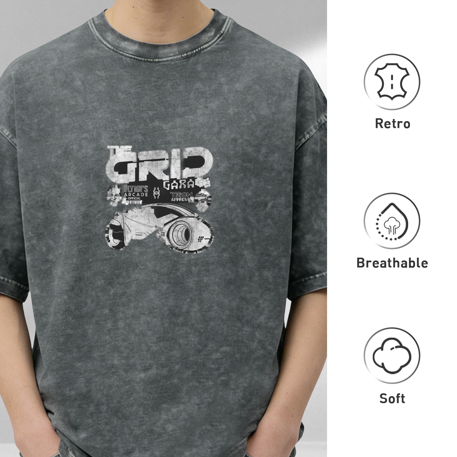 Washed black graphic t-shirt with The Grid Garage futuristic design