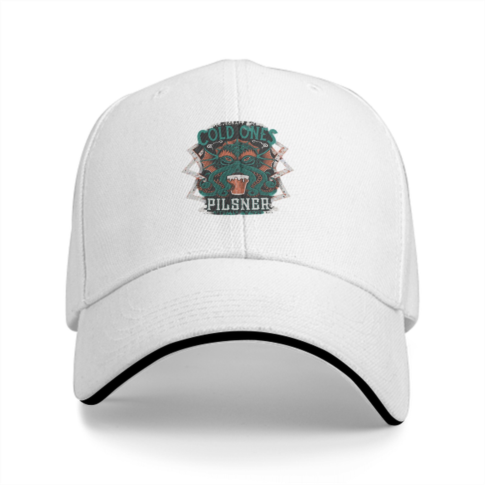 Black baseball cap with Cold Ones Pilsner Cthulhu graphic