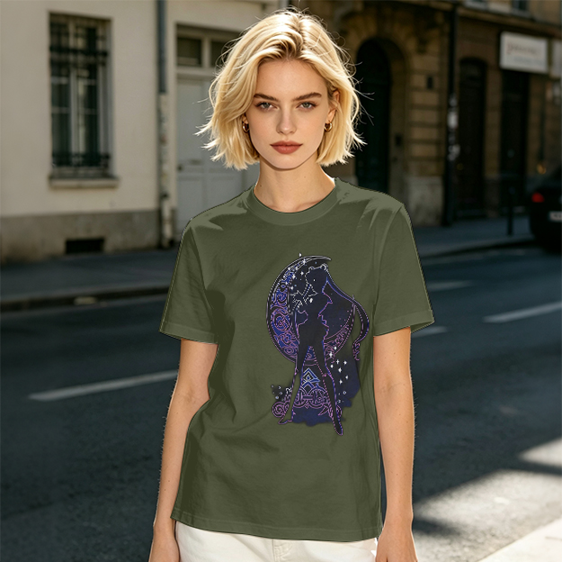 Olive T-Shirt With Celestial Moon Girl Silhouette Graphic