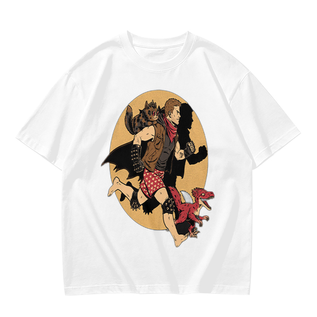 Olive T-Shirt With Fantasy Running Character And Creatures Print