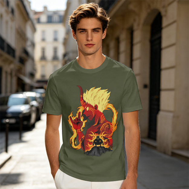Oni Demon Flame Graphic Olive Green Casual T-Shirt