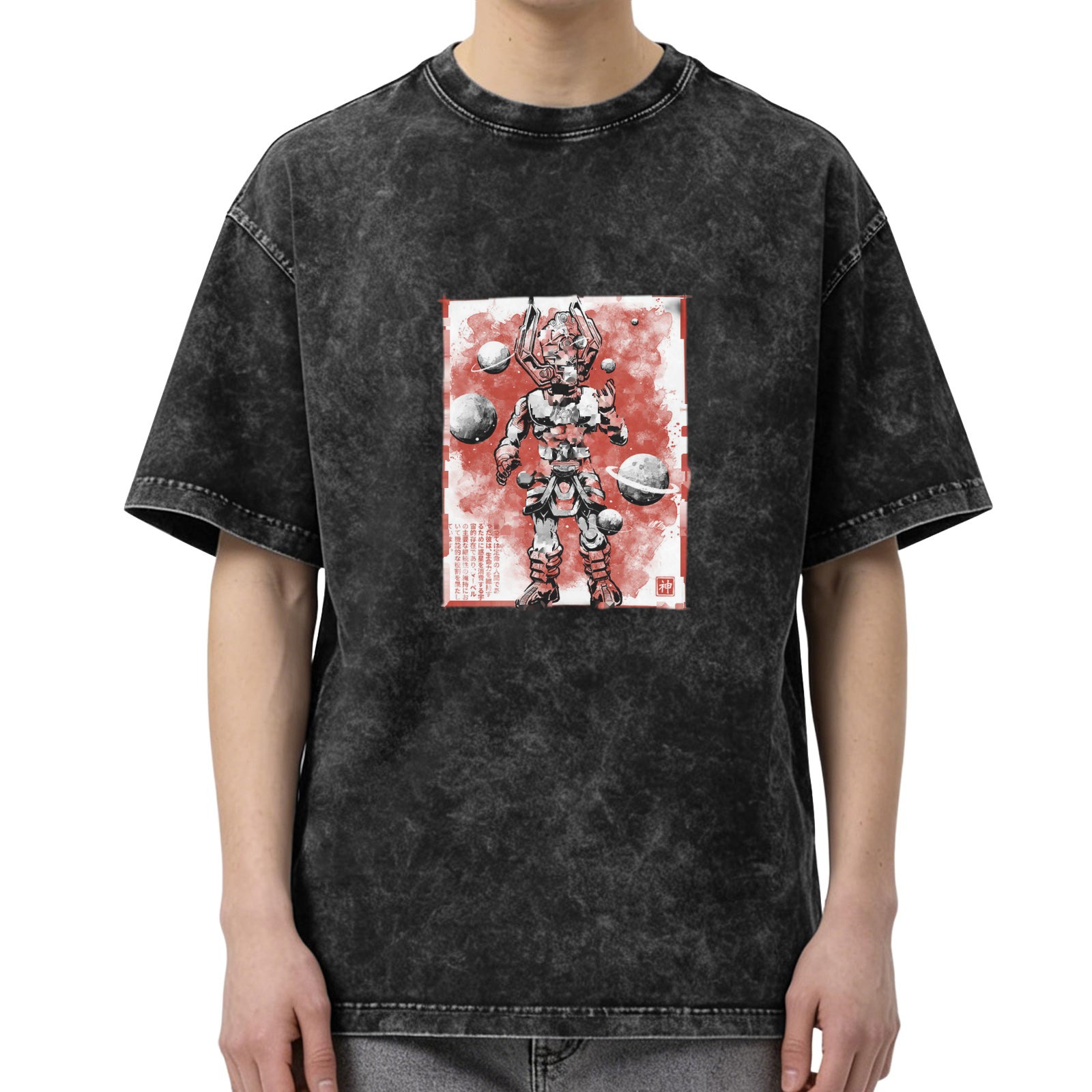 Oversized Acid Wash T-Shirt With Samurai Robot Space Art Print