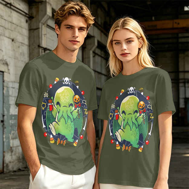 Olive T-Shirt With Cute Halloween Cthulhu Graphic Print