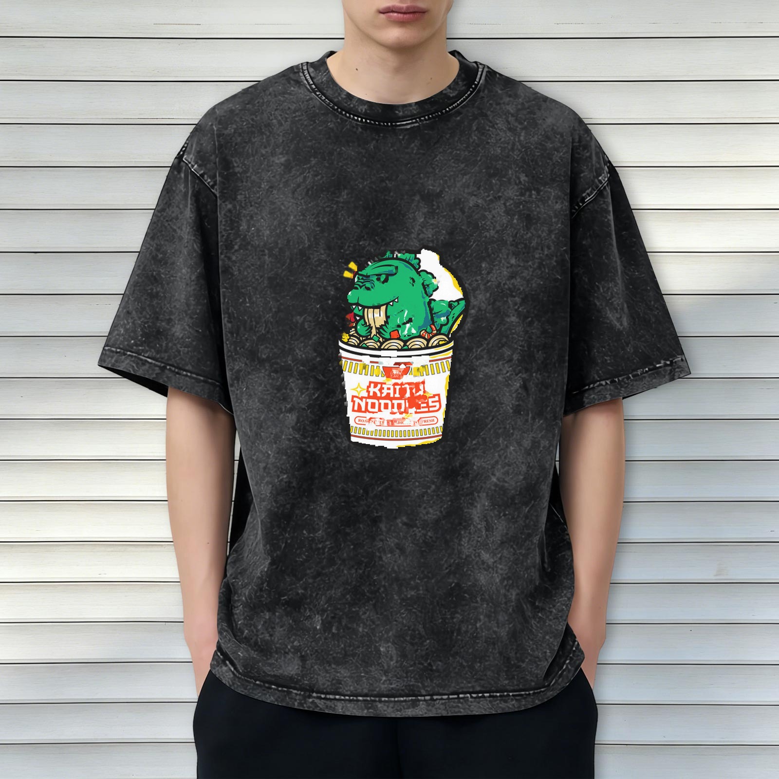 Washed Black T-Shirt with Kaiju Noodles Cup Monster Graphic