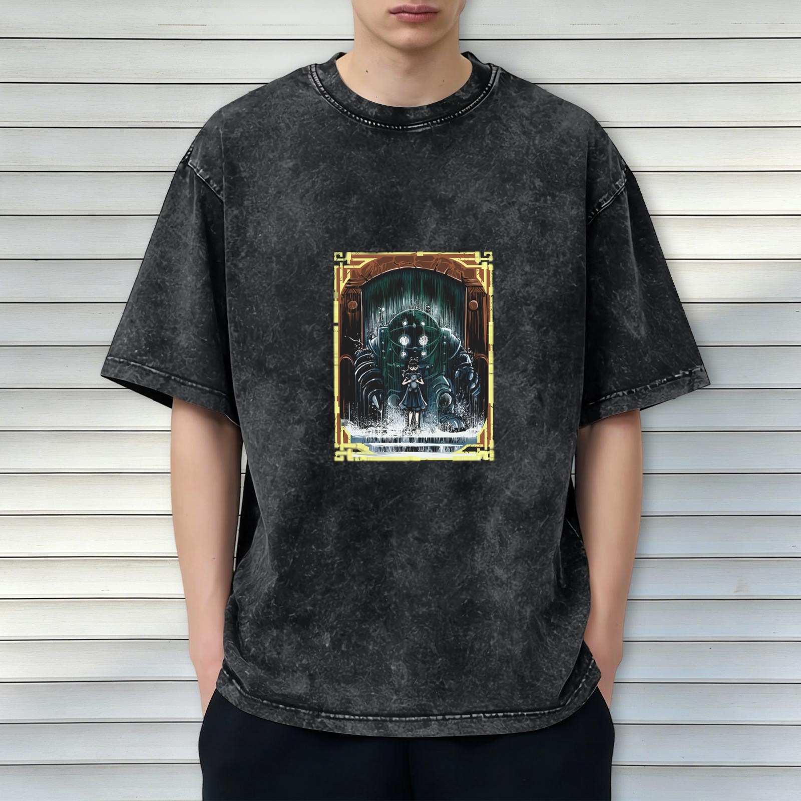 Retro washed black loose short-sleeved T-shirt with BioShock theme print