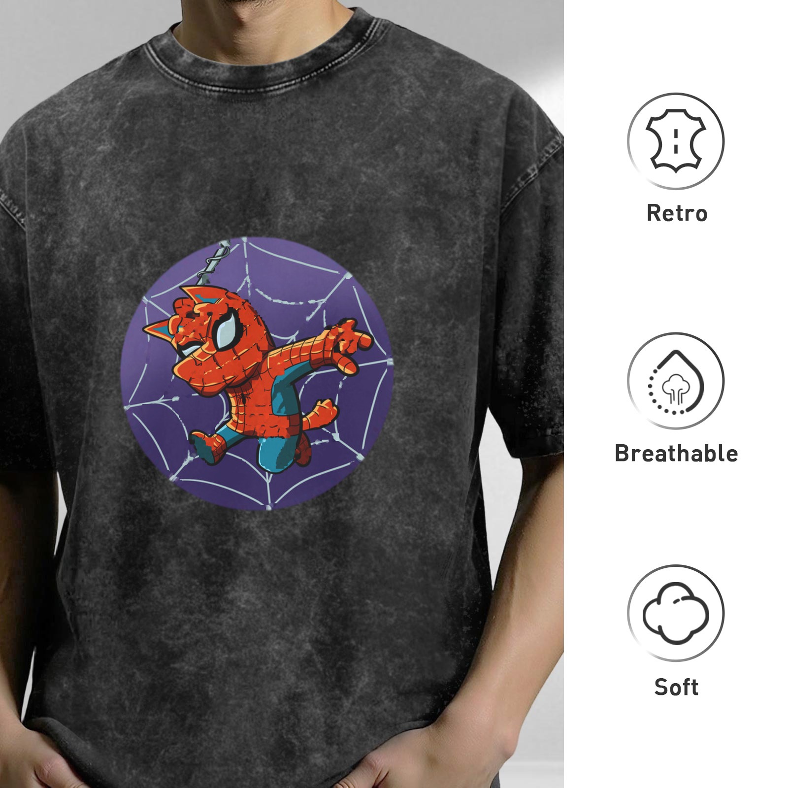 Oversized Dark Wash T-Shirt With Spider-Cat Web Print
