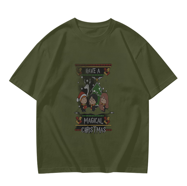 Olive T-Shirt With Magical Christmas Harry Potter Themed Print