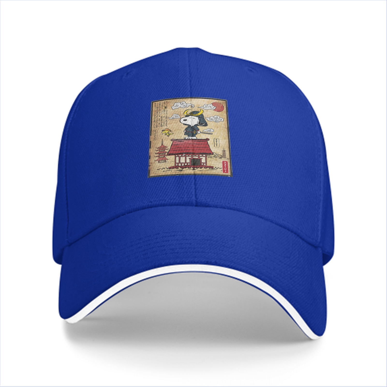 Black baseball cap with Snoopy samurai Japanese temple print