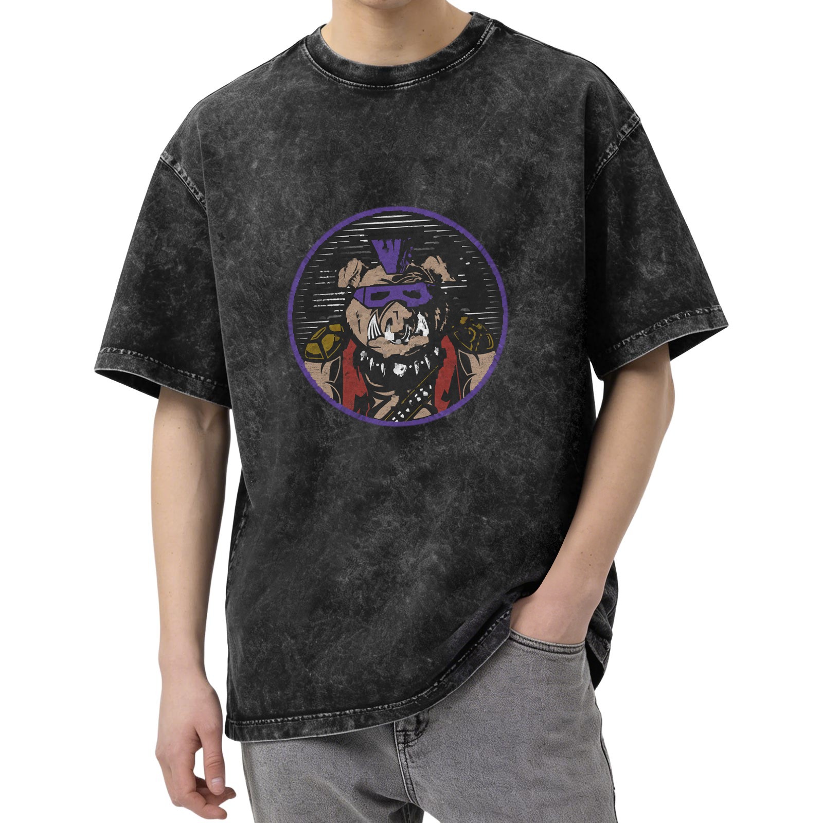 Washed Black Oversized T-Shirt With Retro Pig Villain Graphic Print