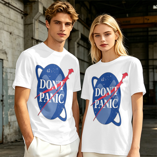 Olive green space-themed t-shirt with 'Don't Panic' print