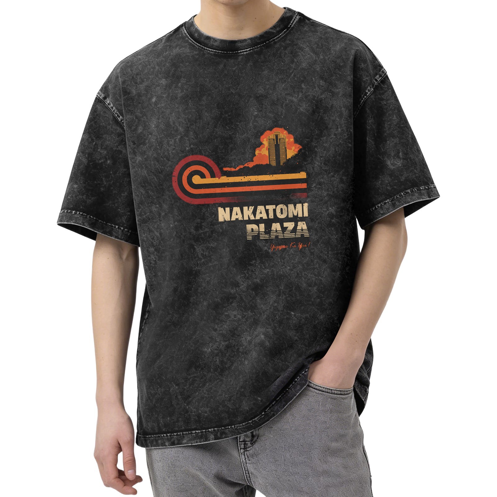 Nakatomi Plaza retro printed distressed washed black loose short-sleeved T-shirt