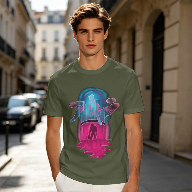 Olive T-Shirt With Neon Capsule Anime Inspired Graphic Print