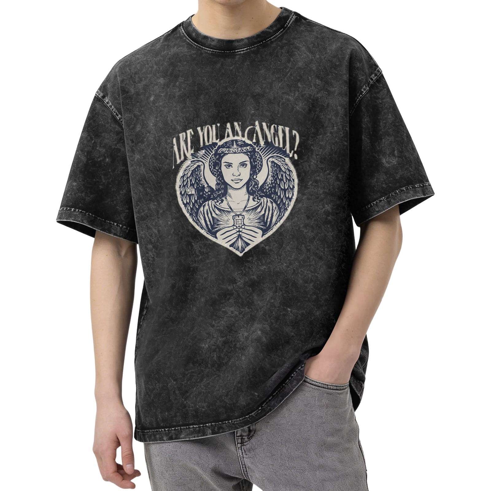 Oversized dark wash graphic t-shirt with angel and 'Are You An Angel?' text