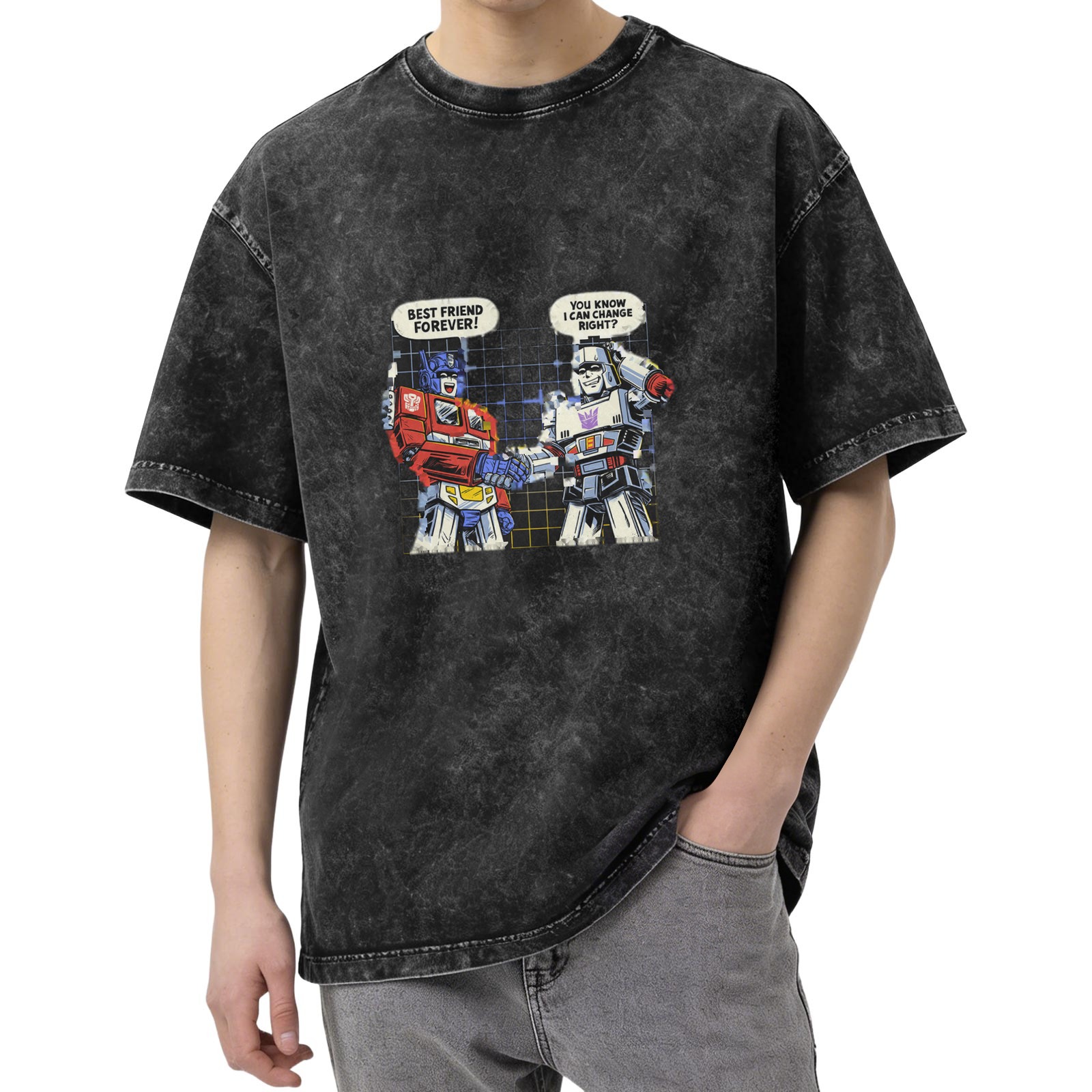 Washed graphic tee with Transformers best friends forever joke print
