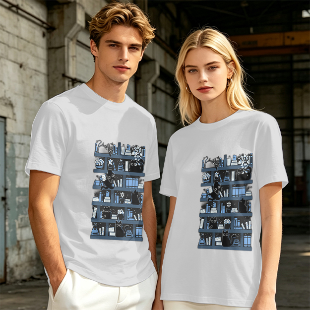 Olive Green T-Shirt With Black Cats On Bookshelves Graphic