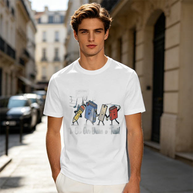 Olive Green T-Shirt with Cartoon School Supplies Graphic
