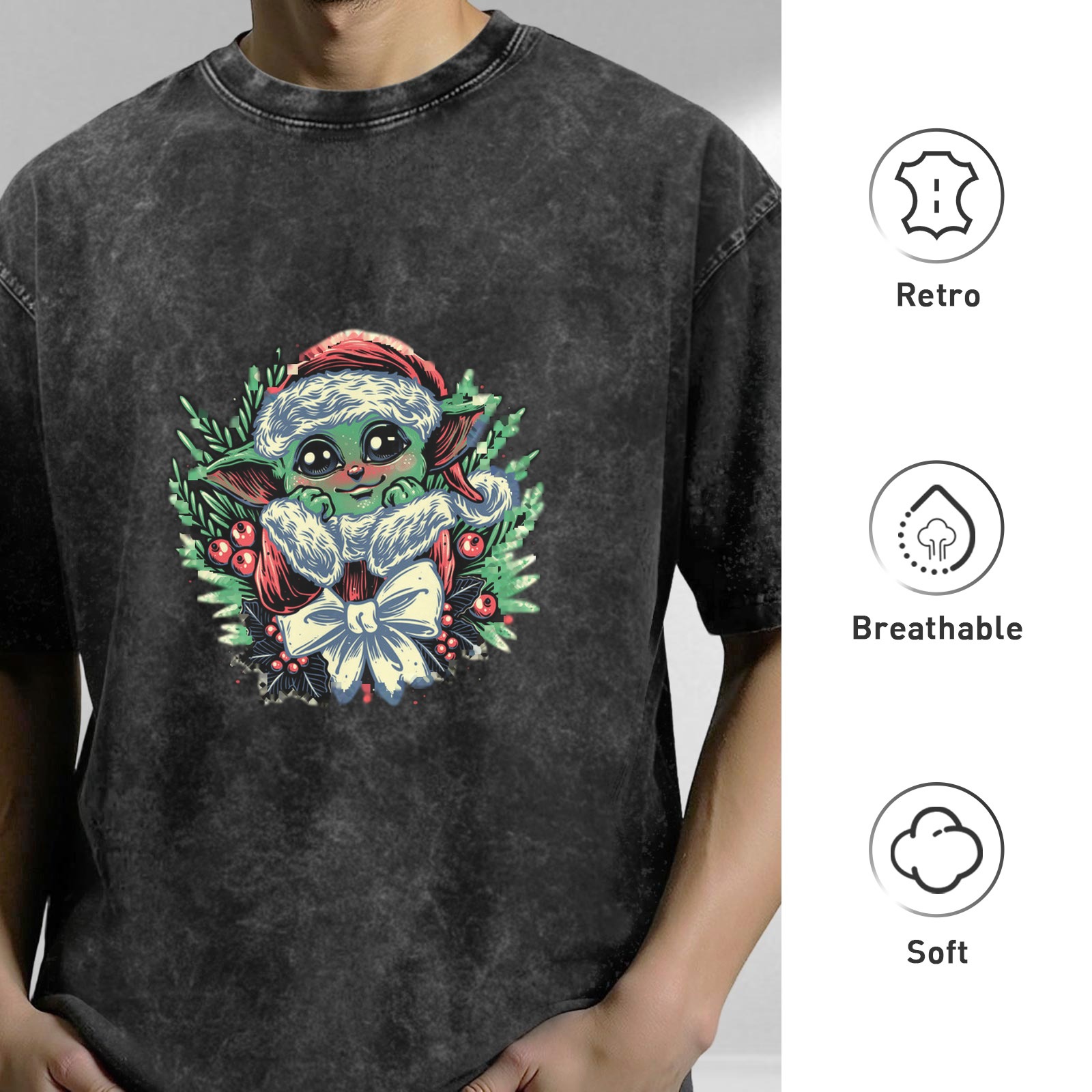 Washed Black T-Shirt With Christmas Baby Alien Graphic