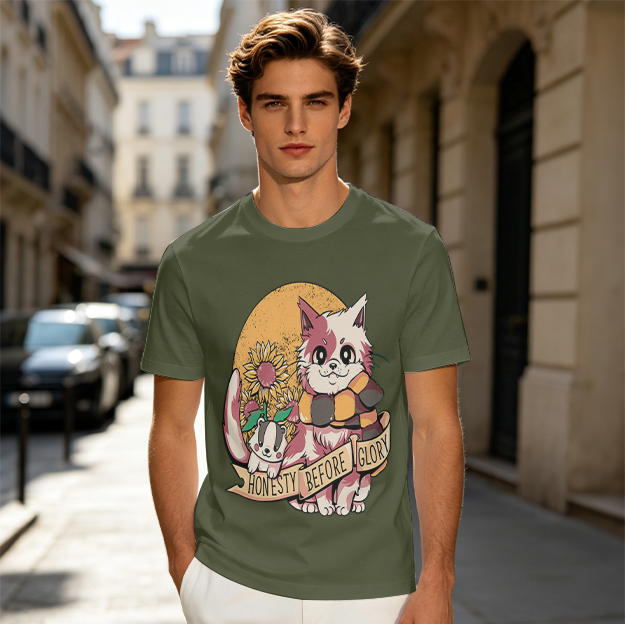 Olive Graphic Tee with Cat, Badger, Sunflower and Honesty Before Glory Text