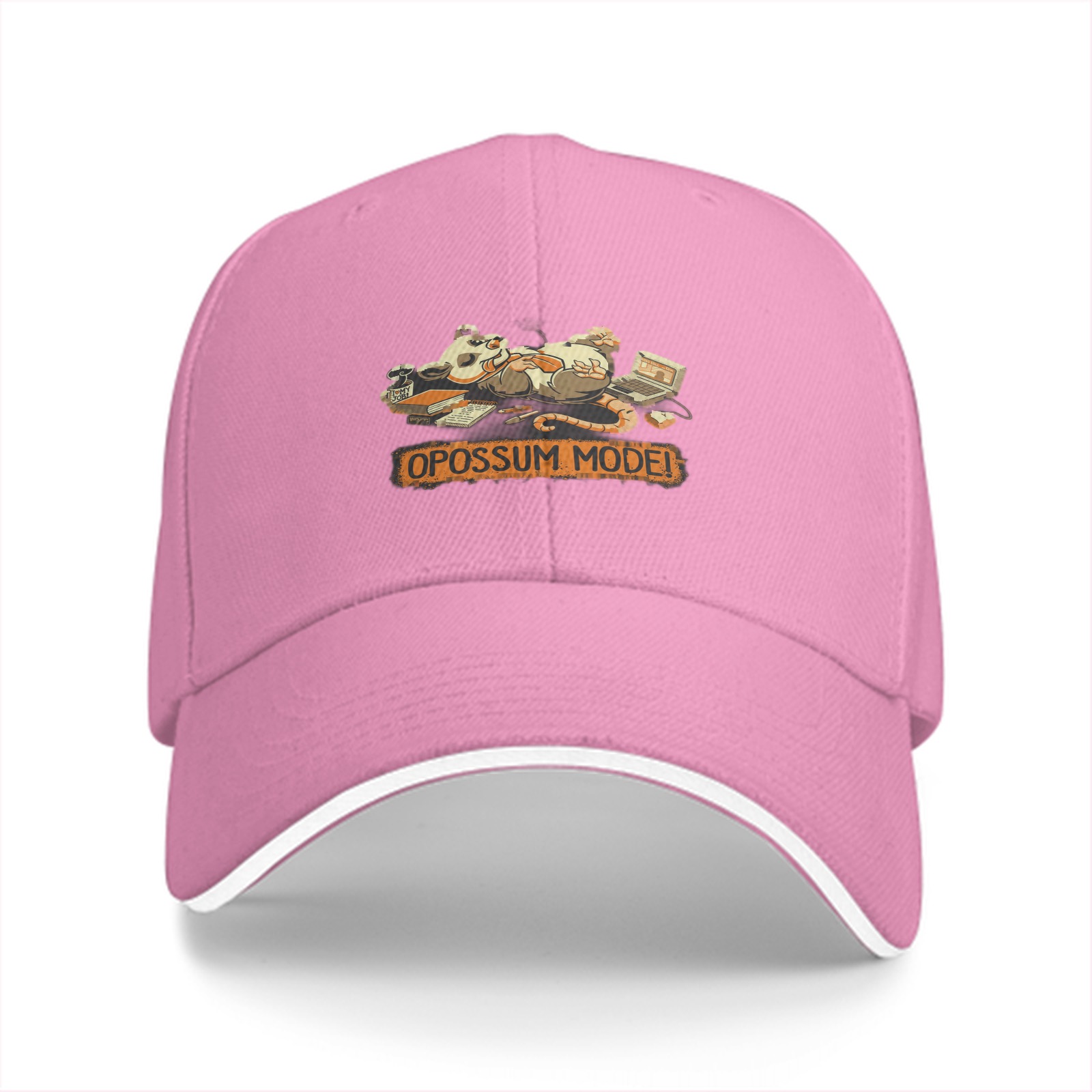 Black baseball cap with relaxed opossum 'OPOSSUM MODE!' graphic
