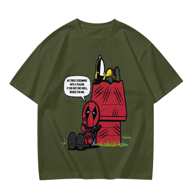 Olive t-shirt with Deadpool and Snoopy mashup graphic