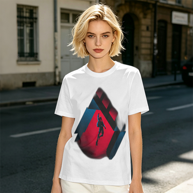 Olive T-shirt with Spider-Man mid-swing over city buildings