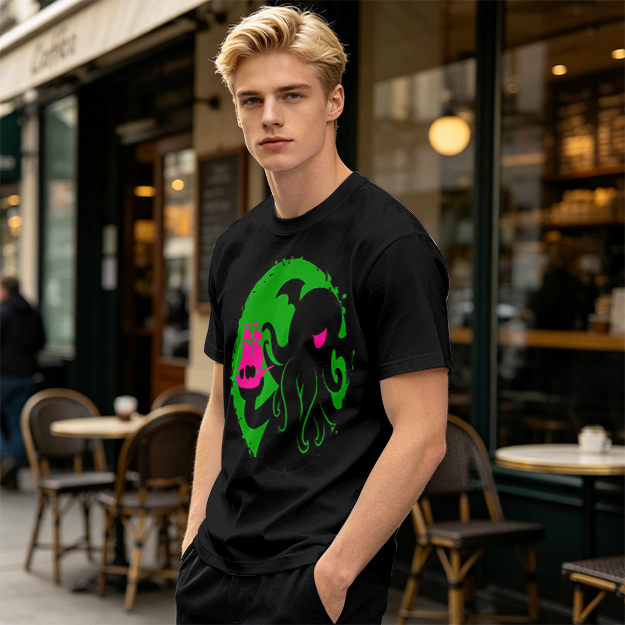 Olive T-Shirt With Cthulhu Holding Pink Ship Graphic Print