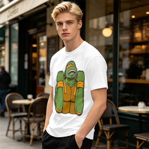 Olive Green T-Shirt With Michelangelo Ninja Turtle Graphic