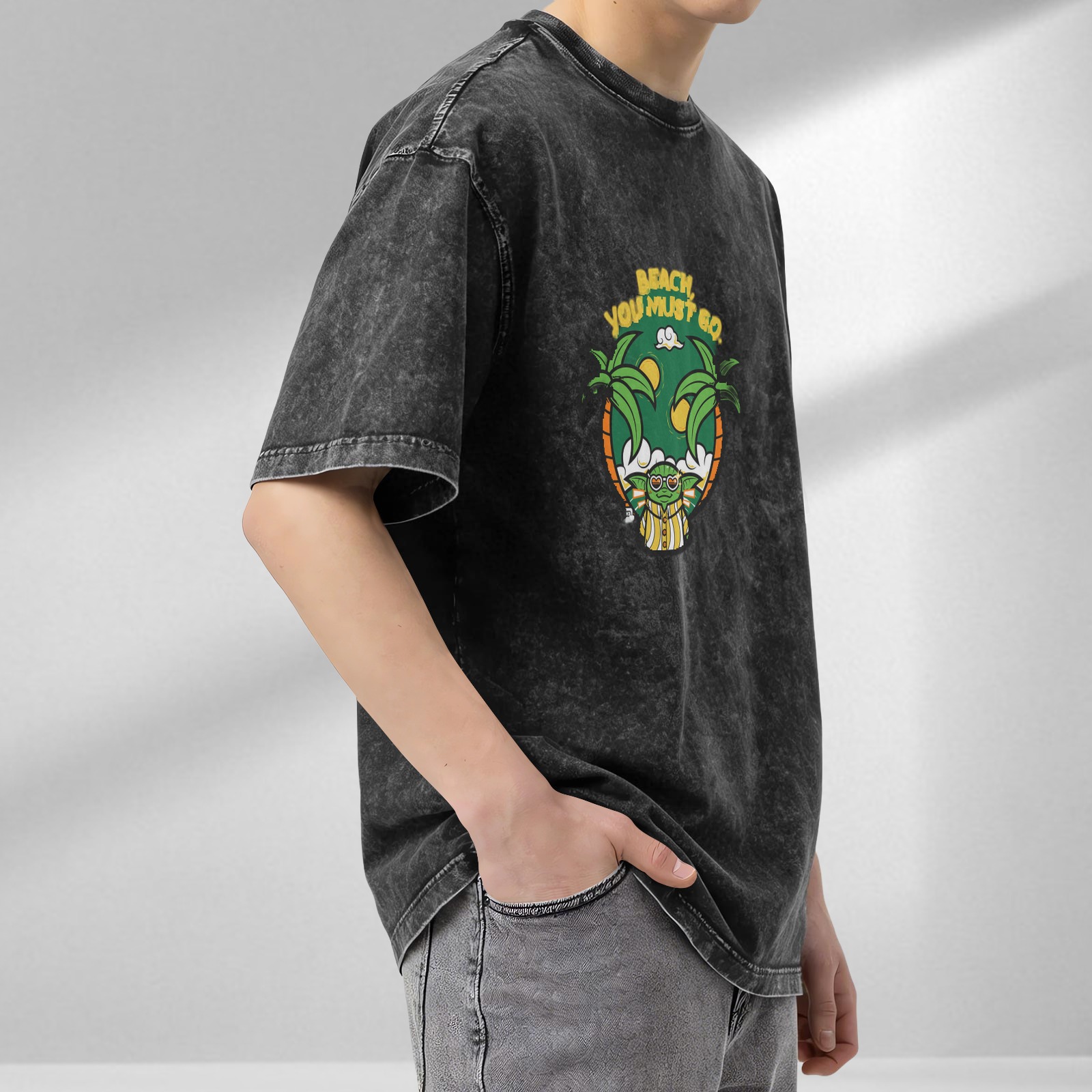 Washed black graphic t-shirt with beach Yoda 'Beach You Must Go' print