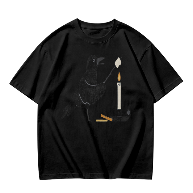 Olive T-Shirt With Crow Roasting Marshmallow Over Candle Print