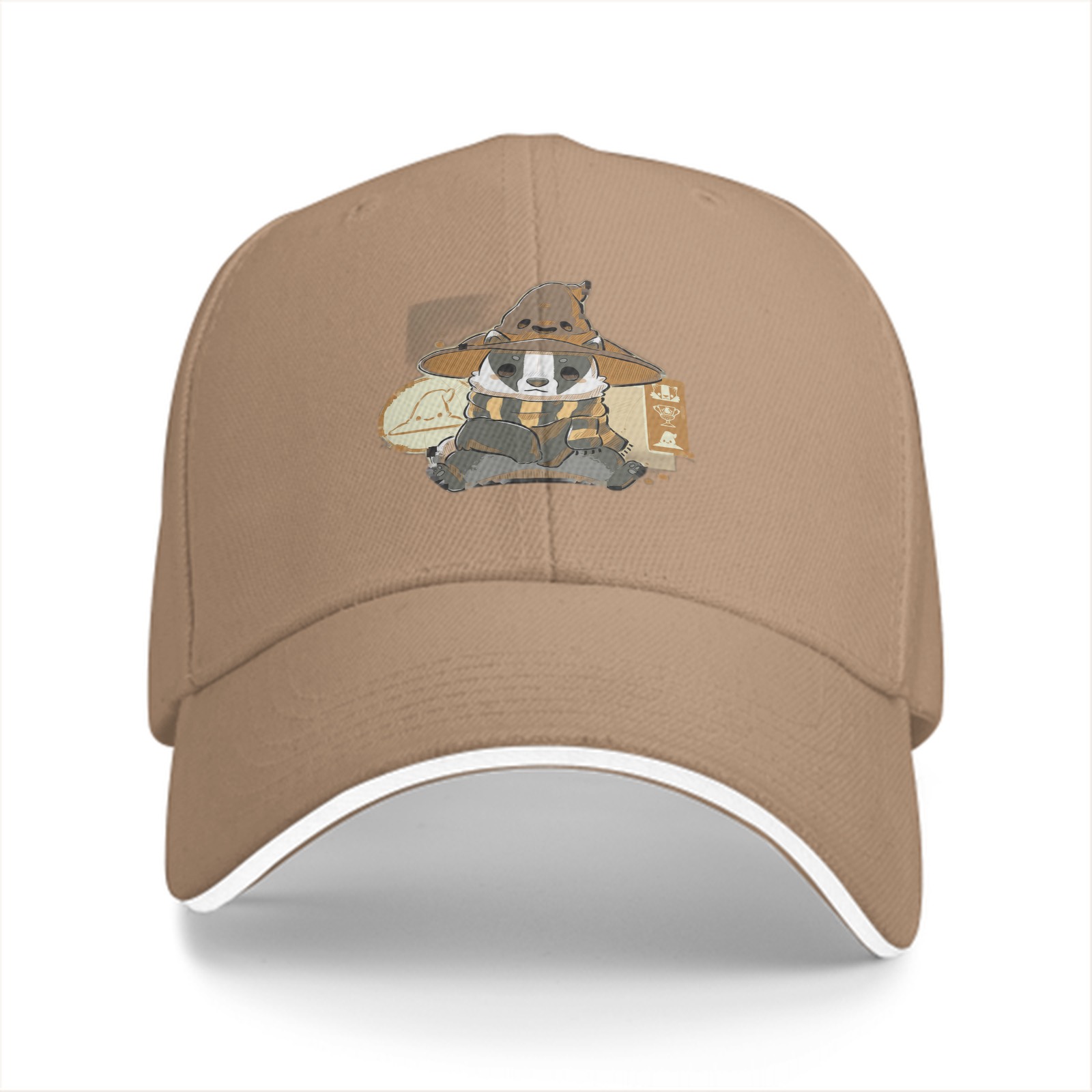 Black baseball cap with Hufflepuff badger wizard design