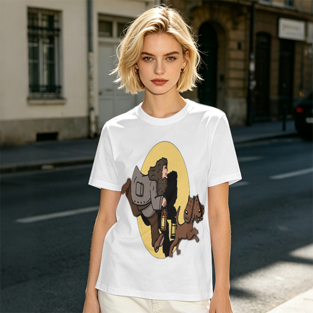 Olive T-Shirt With Cartoon Man And Dog Running Graphic