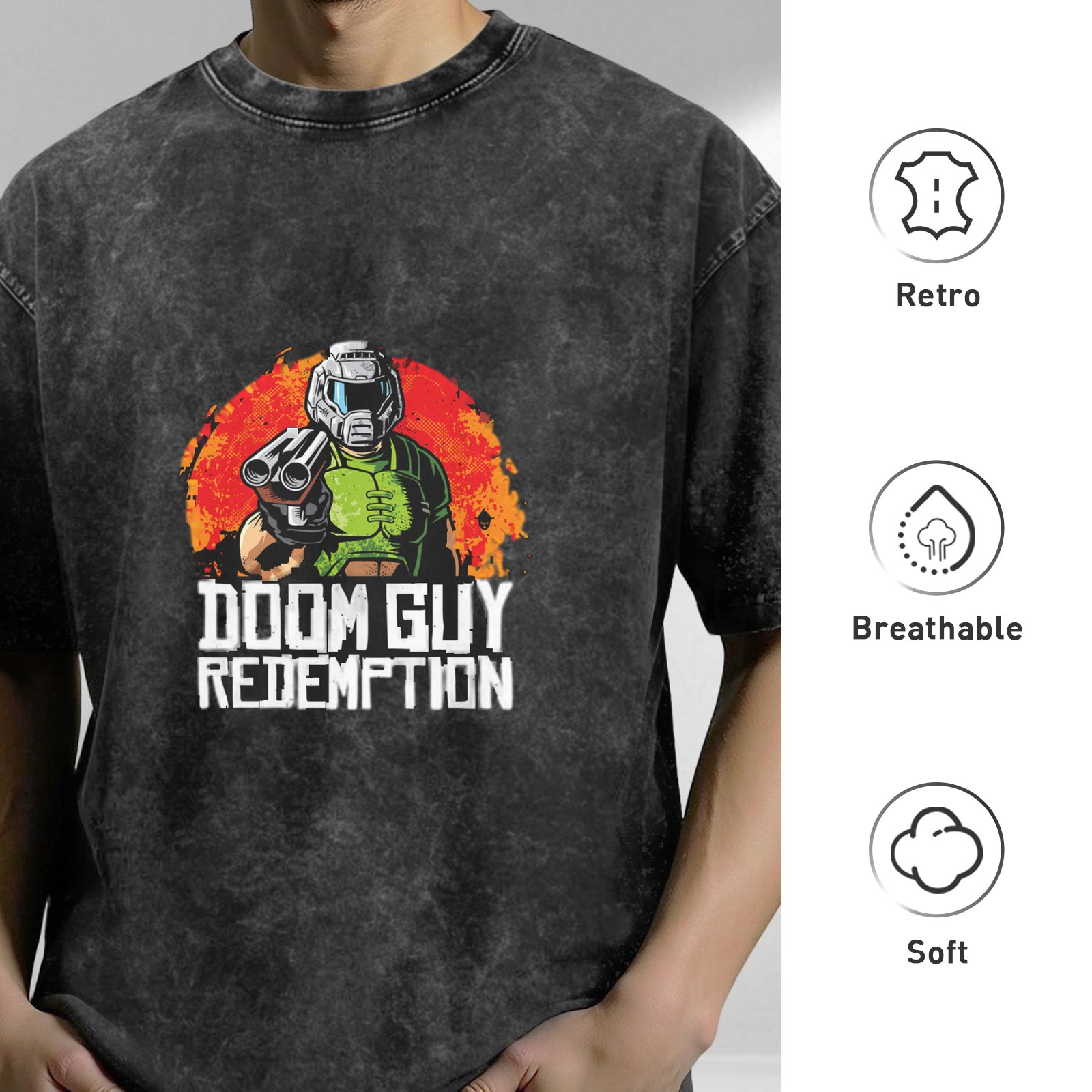 Doom Guy Redemption Graphic Acid Wash Black T-Shirt