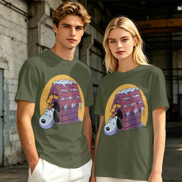 Olive T-shirt with Snoopy and Woodstock at snow-covered doghouse