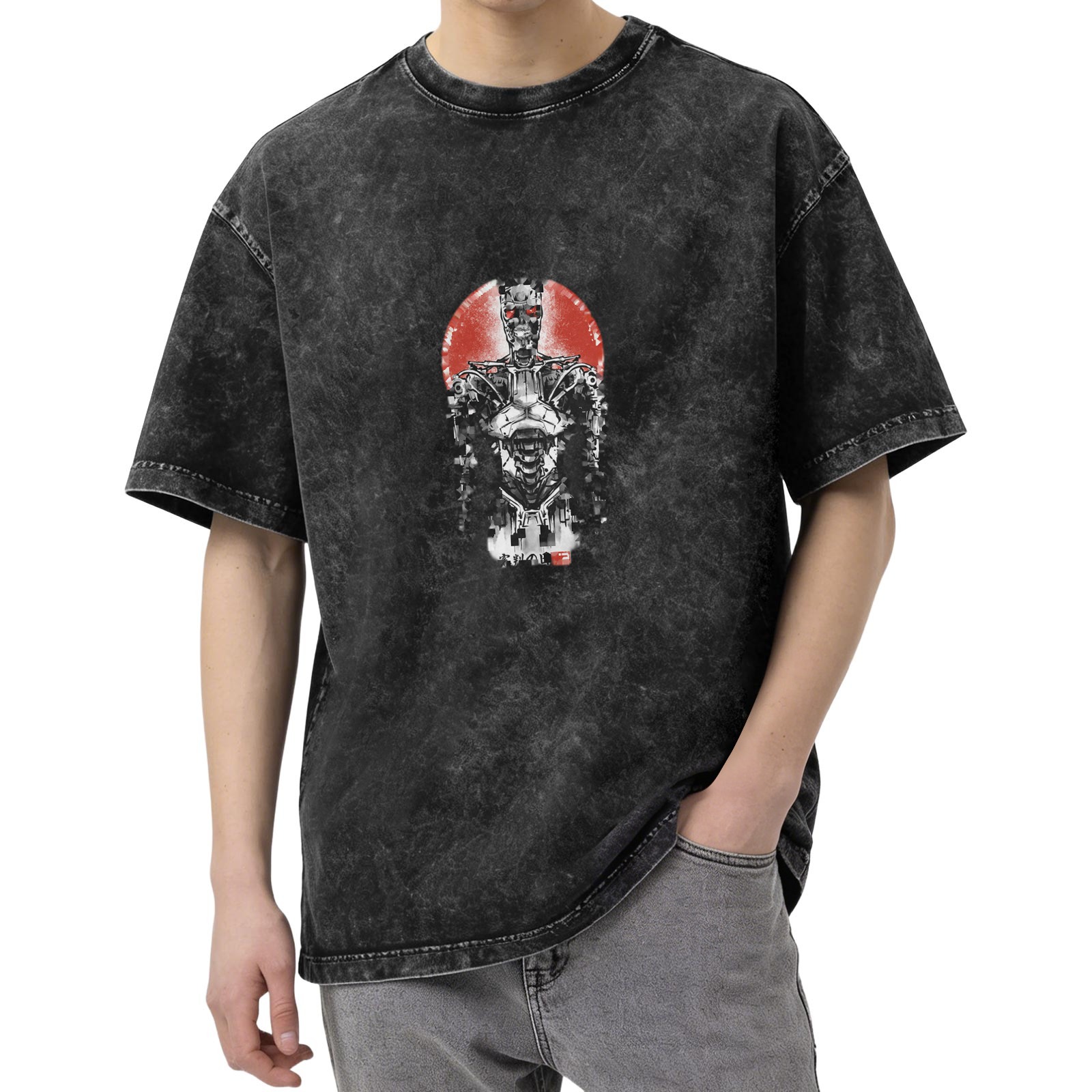 Washed Black Oversized T-Shirt with Terminator Robot Graphic