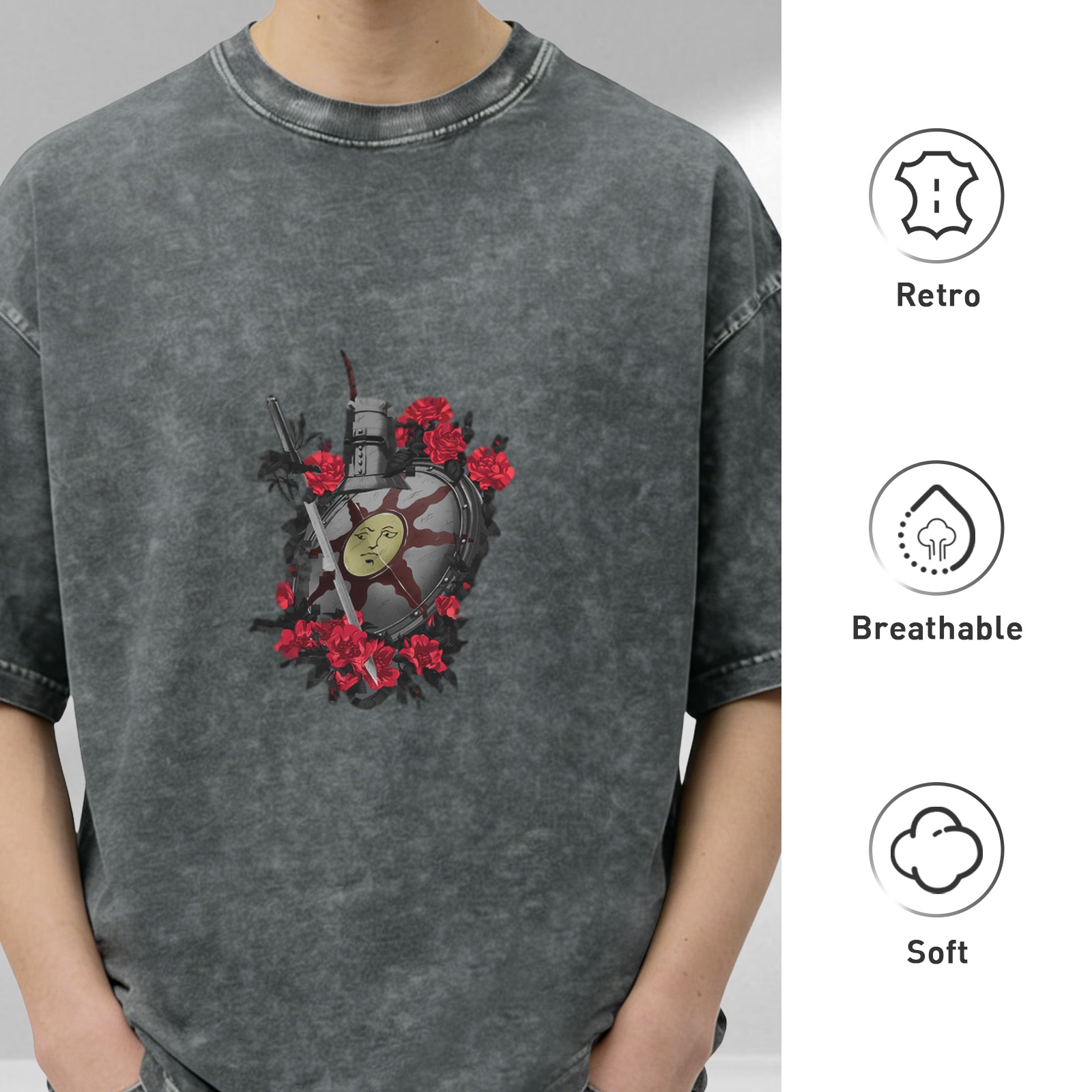 Dark Acid Wash T-Shirt with Knight Shield and Red Roses Graphic