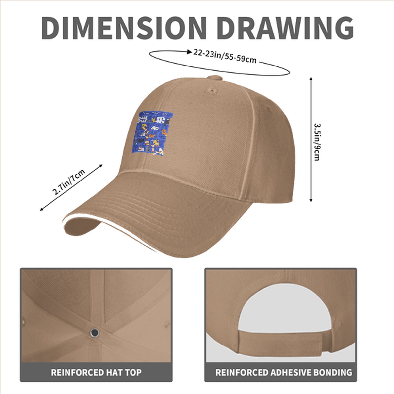 Black Baseball Cap with TARDIS Police Box Cat Print
