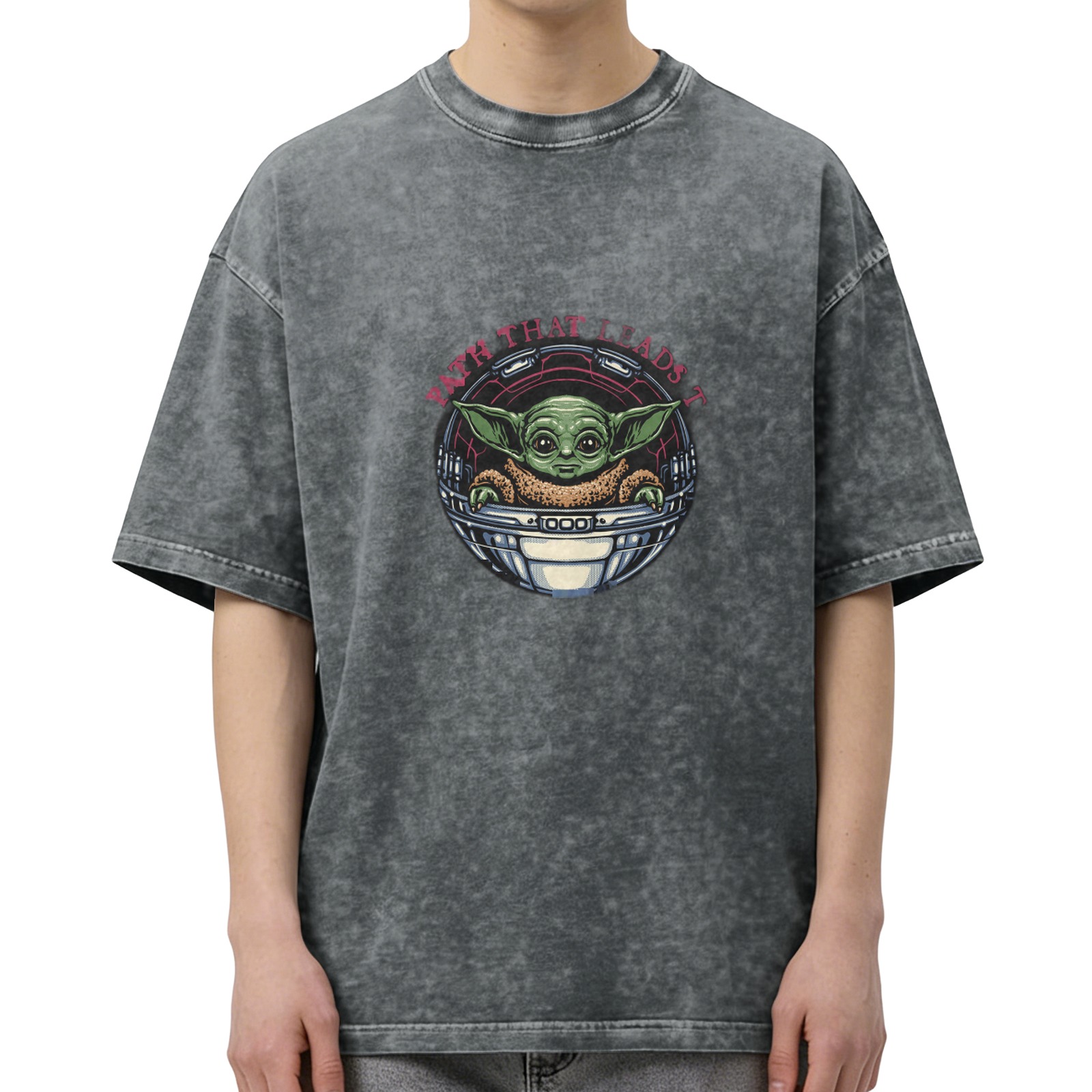 Washed graphic t-shirt with Baby Yoda in pod and path text